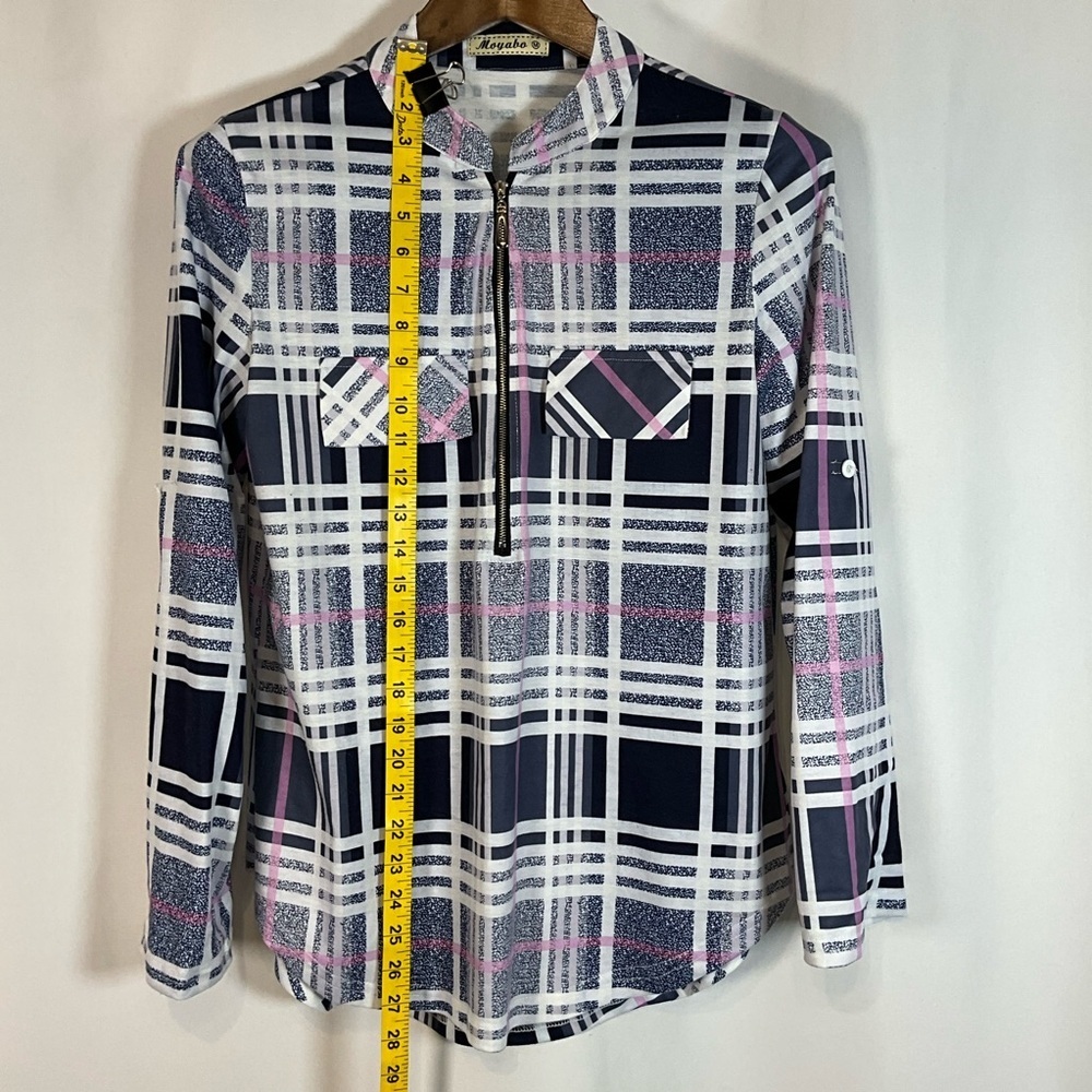 Moyabo Blouse Size M Navy and Pink Plaid Front Zip Button tab Sleeves - Picture 8 of 9